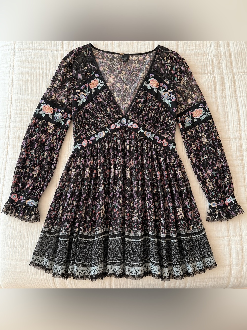 Free People Floral Embroidered Lace Mini Dress Black Long Sleeve Boho